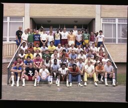 A group shot showing the size of the staff involved in Campbell's basketball camps. Also, the only color photo of the collection.