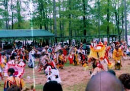 Photo of men performing tribal dance in fancy style regalia.