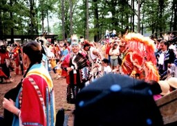 Photo of women in southern cloth regalia and others at the powwow circa  Spring early 2000s