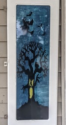 Spooky scene painted on upcycled window with tissue paper background decoupaged.