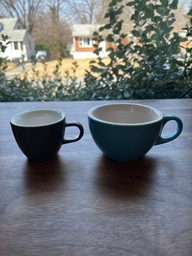 The smaller cup is called a demitasse and holds 3 oz. The larger cup is for cappuccinos and holds 6 oz.