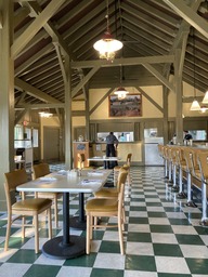 "In 2020, the stone and timber building underwent extensive renovations. Today, The Bluffs appears just as many remember it, with green and white checkerboard floors, a retro lunch counter with stools, and the original light fixtures. The repairs and upgrades included a new electrical system, reconstructed lunch counter, ADA-compliant restrooms, a complete kitchen equipment update." Quoting the Blue Ridge Parkway Foundation, https://www.brpfoundation.org/initiatives/bluffs-restaurant-ongoing-support