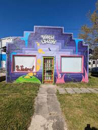 Patch Whisky is a well-known street artist. This is the front of his studio in North Charleston, South Carolina, located at 4431 Spruill Avenue. The mural depicts two strange pink creatures in the bottom right, a green ball spitting out yellow bubbles in the bottom left, the words "Patch Whisky" at the top center, and a patterned purple and green background. 