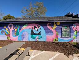 Patch Whisky is a well-known street artist. This is his studio in North Charleston, South Carolina, located at 4431 Spruill Avenue. The mural depicts a brightly colored tentacled monster spitting yellow bubbles out of his suckers and smiling happily at a creature/toy grasped in one of its tentacles. 