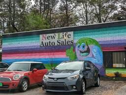 Patch Whisky is a well-known street artist in the Charleston, South Carolina area. This work is a mural painted by Patch Whisky on New Life Auto Sales at 5103 Dorchester Road. The mural is a monster giving a thumbs up on a colorful striped background. 