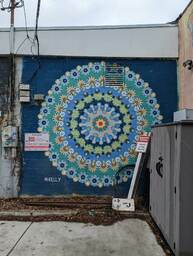 Alycia Alley runs behind a row of businesses in Avondale, West Ashley, Charleston. Avondale is known as the artsy neighborhood of Charleston, and contains many works of street art. This artwork, photographed from Alycia Alley and painted by M. Kelly, is a patterned series of concentric circles and adorns a rear wall of the Greater Charleston Properties Team office. 