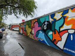 Alycia Alley runs behind a row of businesses in the artsy neighborhood of Avondale, West Ashley, Charleston. This artwork was photographed in Alycia Alley and painted by @reese.designs on the rear wall of Gene's Haufbrau. Gene's is located at 817 Savannah Highway. The mural is a hodge podge of images in a bold new school style. Subjects include a beach ball, fish, baseball, dollar bill, flower, stars, and others. 