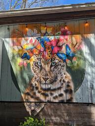 The Charleston Pour House is a live music venue located at 1977 Maybank Highway in James Island, SC. This mural by Maggie Mazza (@maggels_) is of a realistic cheetah staring directly out of the wall with a cloud of flowers and butterflies around its head. 