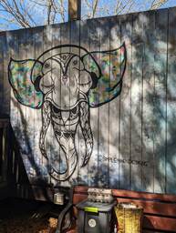 The Charleston Pour House is a live music venue located at 1977 Maybank Highway in James Island, SC. This mural by @simplemindsdesigns is an intricately detailed elephant that is mostly black and white, but had colorful ears and stones in the headdress the elephant is wearing. 