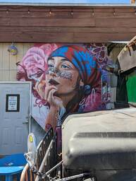 The Charleston Pour House is a live music venue located at 1977 Maybank Highway in James Island, SC. This mural is of a woman wearing a bandana on her head and smoking a cigarette. 