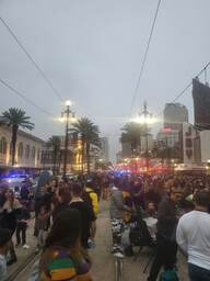 A crowd along Canal Street eagerly awaiting the arrival of the Krew of Endymion during Mardi Gras 2022.