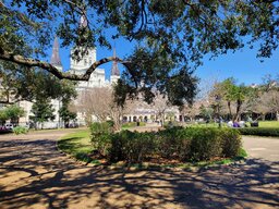 View of the front of the St Louis Cathedral from within the park at Jackson Square.